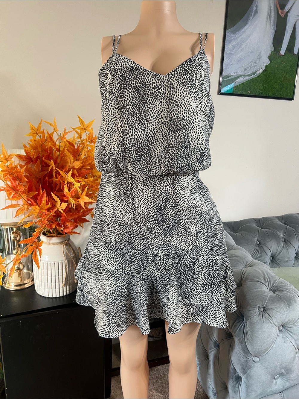 White & Black Dotted Spaghetti Strap Mini Dress